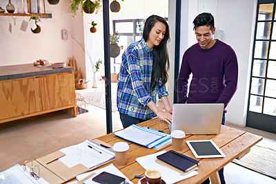 Buy stock photo Creative people, laptop and planning with team for project, documents or networking together at the office. Happy man and woman working on computer with paperwork for online research at workplace