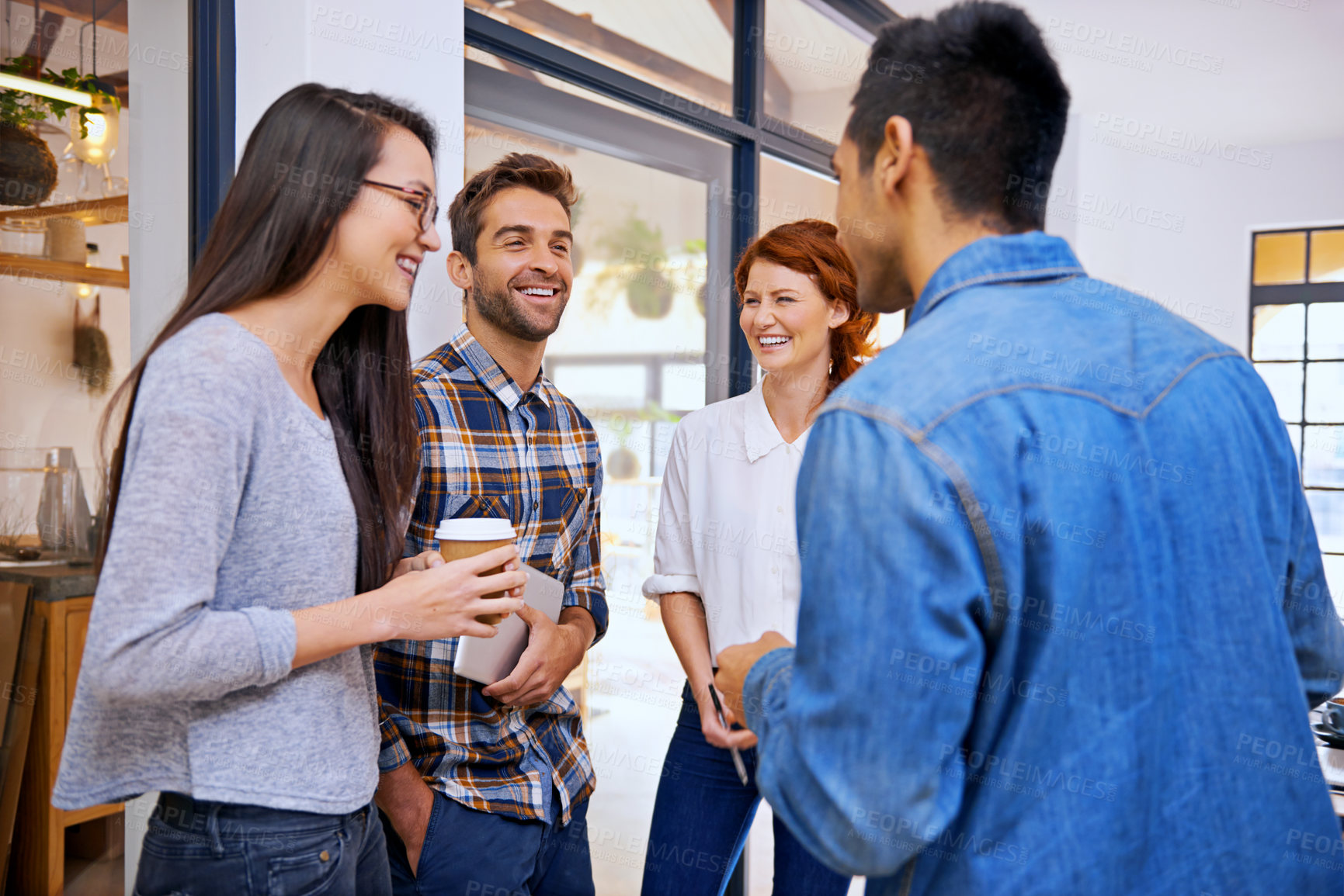 Buy stock photo Break, discussion or designers in startup office for teamwork or collaboration with coffee in creative company. Relax, happy colleagues or funny people in a business with diversity on project or job