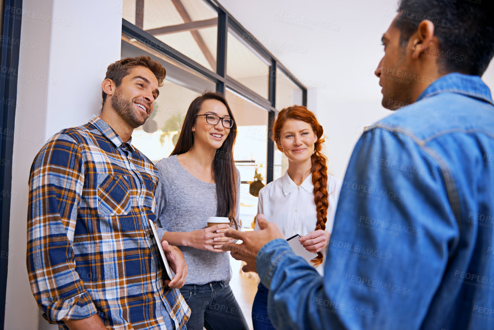 Buy stock photo Break, talking or designers in startup office for teamwork or collaboration with coffee in creative company. Relax, happy colleagues or confident people in a business with diversity on project or job