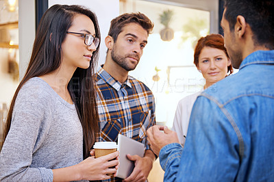 Buy stock photo Talking, planning or designers in startup office for teamwork or collaboration with coffee in creative company. Discussion, colleagues or group of people in a business with diversity on project job