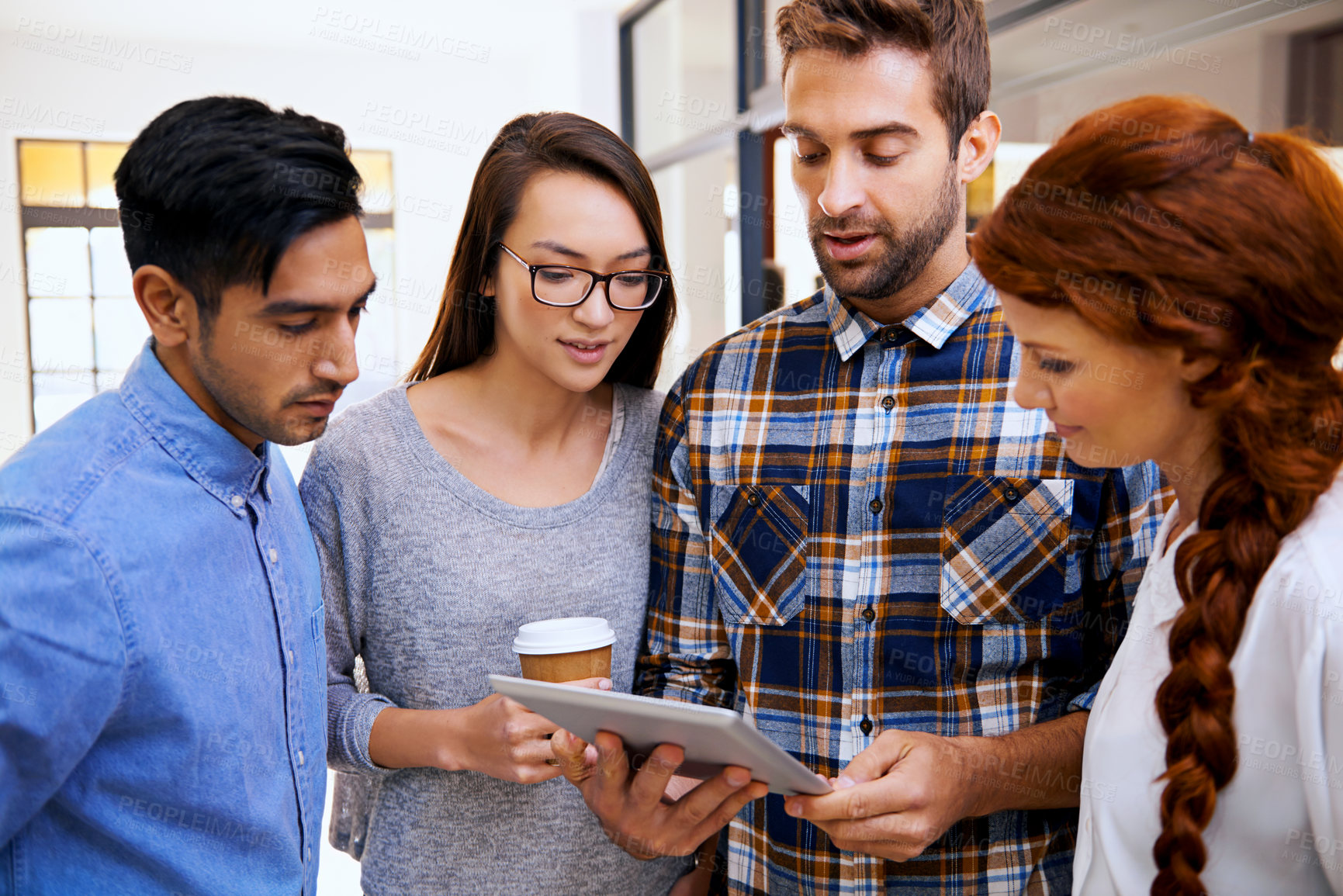 Buy stock photo Tablet, discussion or designers in startup for teamwork or collaboration with technology in creative company. Talking, colleagues or group of people in a business for diversity or planning on project