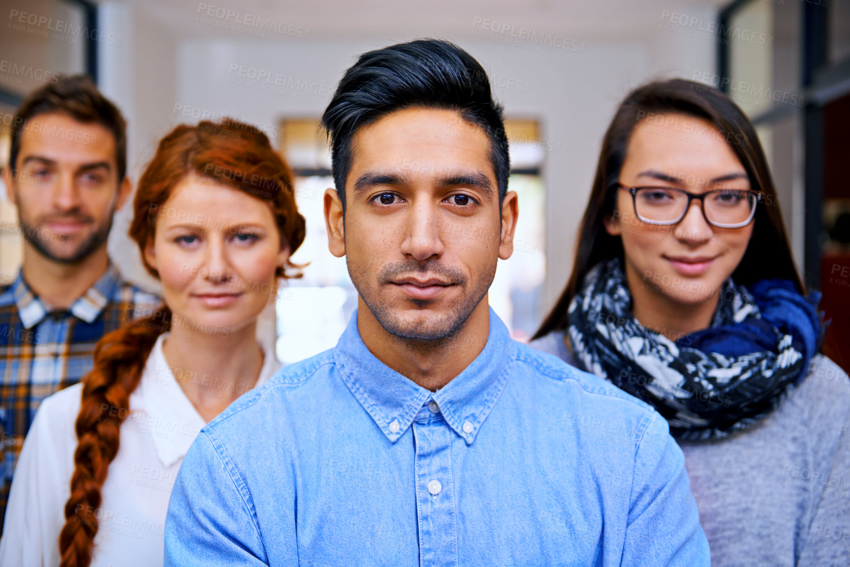 Buy stock photo Portrait, leadership and diversity with business people at creative startup with confidence in solidarity. Community, professional men and women together with design office team with project manager