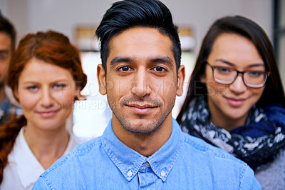 Buy stock photo Portrait, leader and group of business people at creative startup with confidence, manager and diversity. Community, professional men and women together in design office for team, pride and smile
