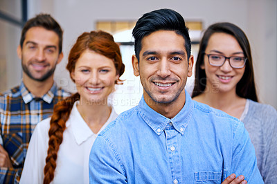 Buy stock photo Colleagues, smile and portrait in office for teamwork, collaboration and professional career in company. Face, proud designers or group of happy people for business or diversity on project for job