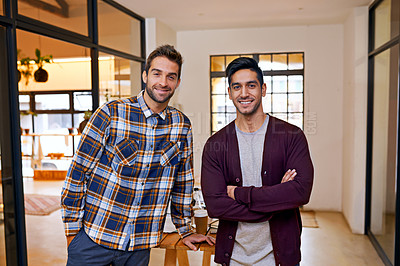 Buy stock photo Small business, partner and portrait of men at creative startup with smile, confidence and opportunity for entrepreneur. Office, friends and design team with pride, arms crossed and collaboration.