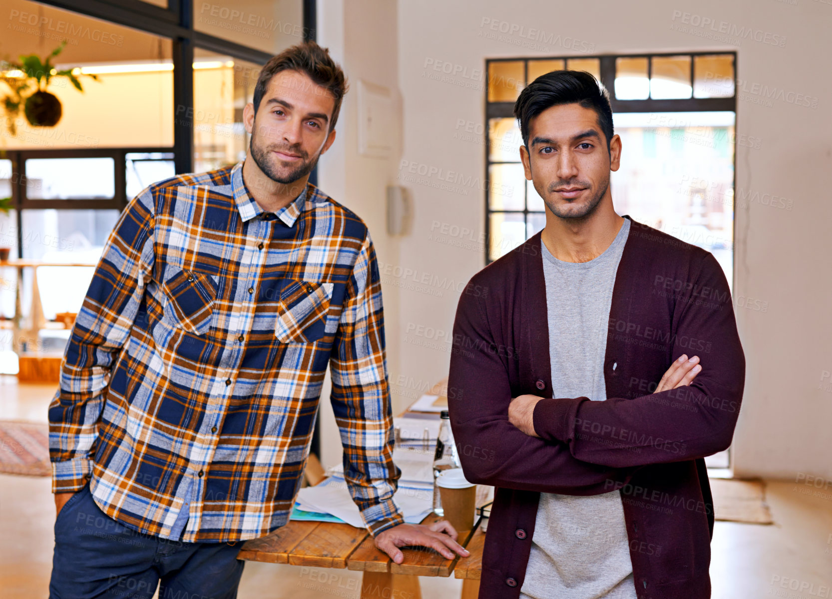 Buy stock photo Small business, partner and portrait of men at creative startup with smile, confidence and opportunity for entrepreneur. Office, friends and design team with pride, arms crossed and collaboration.