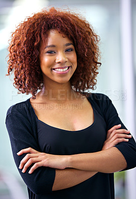 Buy stock photo Portrait, arms crossed and happy business woman in office at startup company for career or job in South Africa. Face, confidence and smile of creative professional, employee and designer with pride
