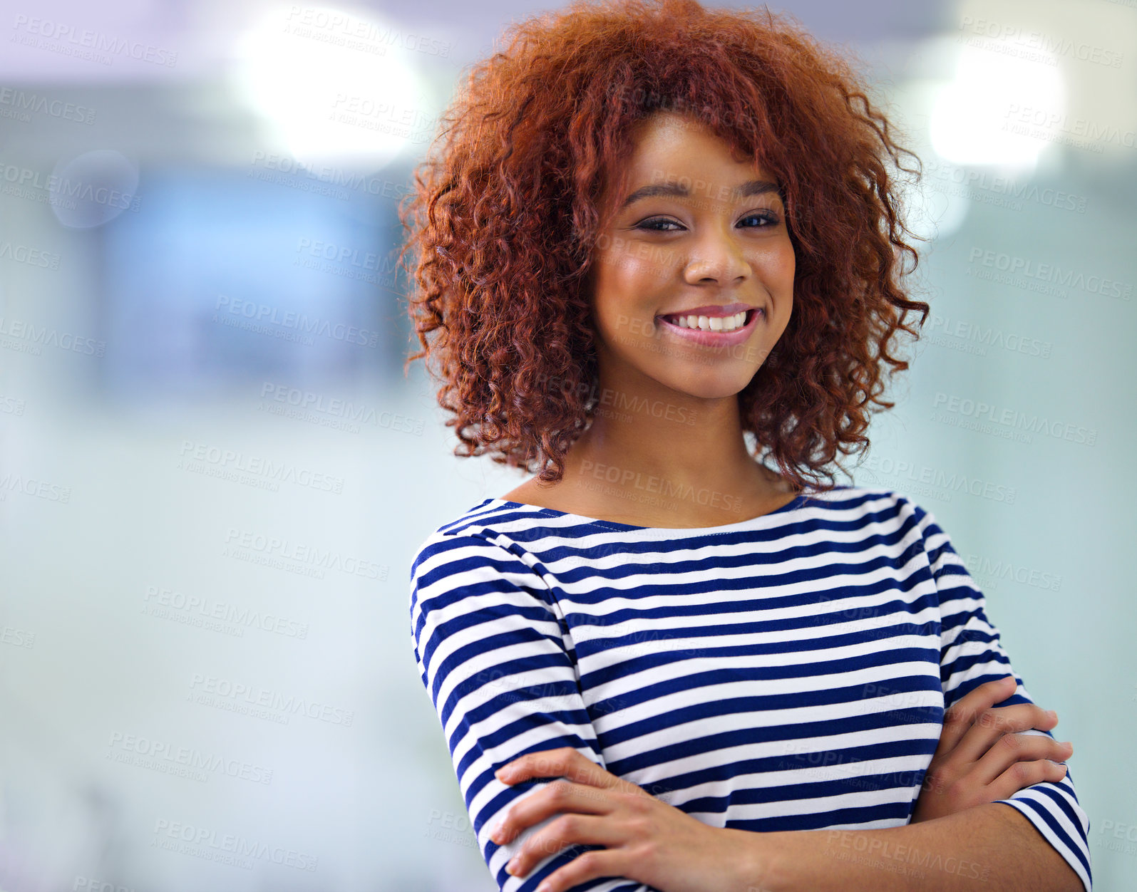 Buy stock photo Portrait, confidence and happy business woman in office at startup company in South Africa with bokeh or mockup space. Face, arms crossed and smile of creative professional, employee and designer