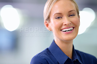 Buy stock photo Portrait, smile and business woman in office, workplace and company for startup job with bokeh on mockup space. Face, professional and happy entrepreneur or creative editor laughing in Switzerland