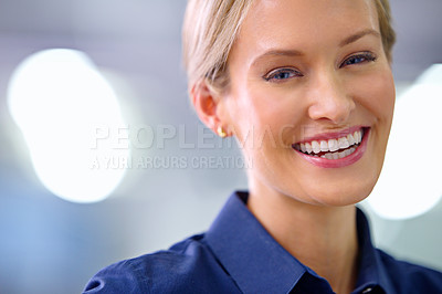 Buy stock photo Portrait, smile and business woman at startup office for career or job of female person in Australia with bokeh. Face, happy professional and creative employee, entrepreneur and consultant laughing
