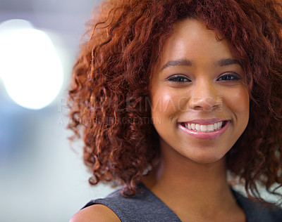 Buy stock photo Woman, portrait and smile for makeup, hair and style for trendy, aesthetic and skincare for glowing tone. African person with curls for ginger or red and lipstick and gloss for shine and shimmer  