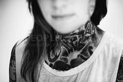 Buy stock photo Woman, neck and tattoo for creative and ink on skin for design, picture and symbol for pattern on closeup. Art, bold and cool for unique and statement for funky, trendy and vibrant for punk 