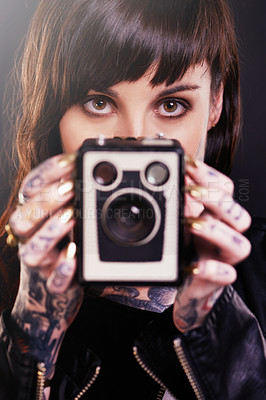 Buy stock photo Person, hands and camera with tattoo for vintage, polish and creative for ink and design for picture and symbol. Art, bold and portrait for cool and capture for photographer, trend, edgy and gold