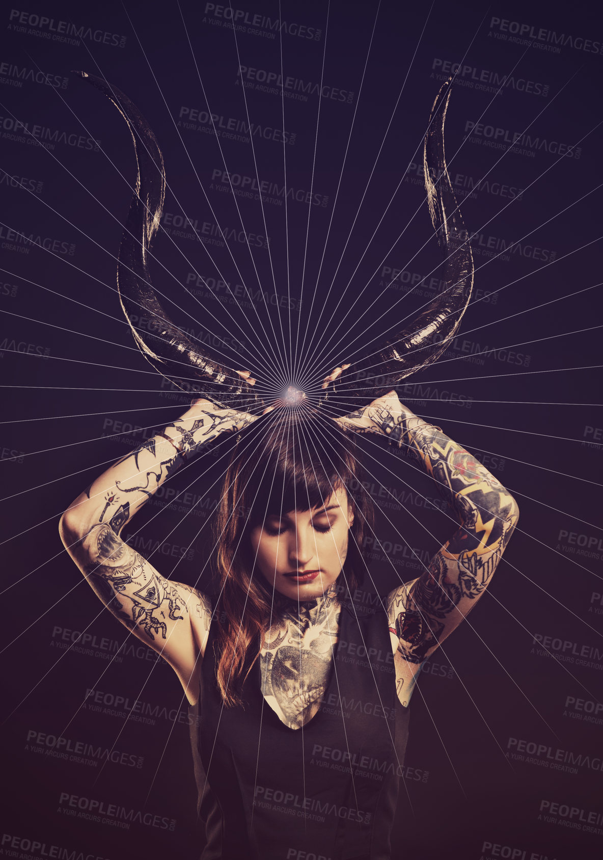 Buy stock photo Horns, scary and woman with tattoo in studio for dark magic, horror or artistic aesthetic with mask. Creative nightmare, halloween culture or unique person with bone for demon on black background