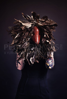 Buy stock photo Halloween, skull and woman with tattoo in studio scary aesthetic, artistic horror or abstract mask on dark background. Surreal, nightmare and bones with leaves for creative, culture or unique person