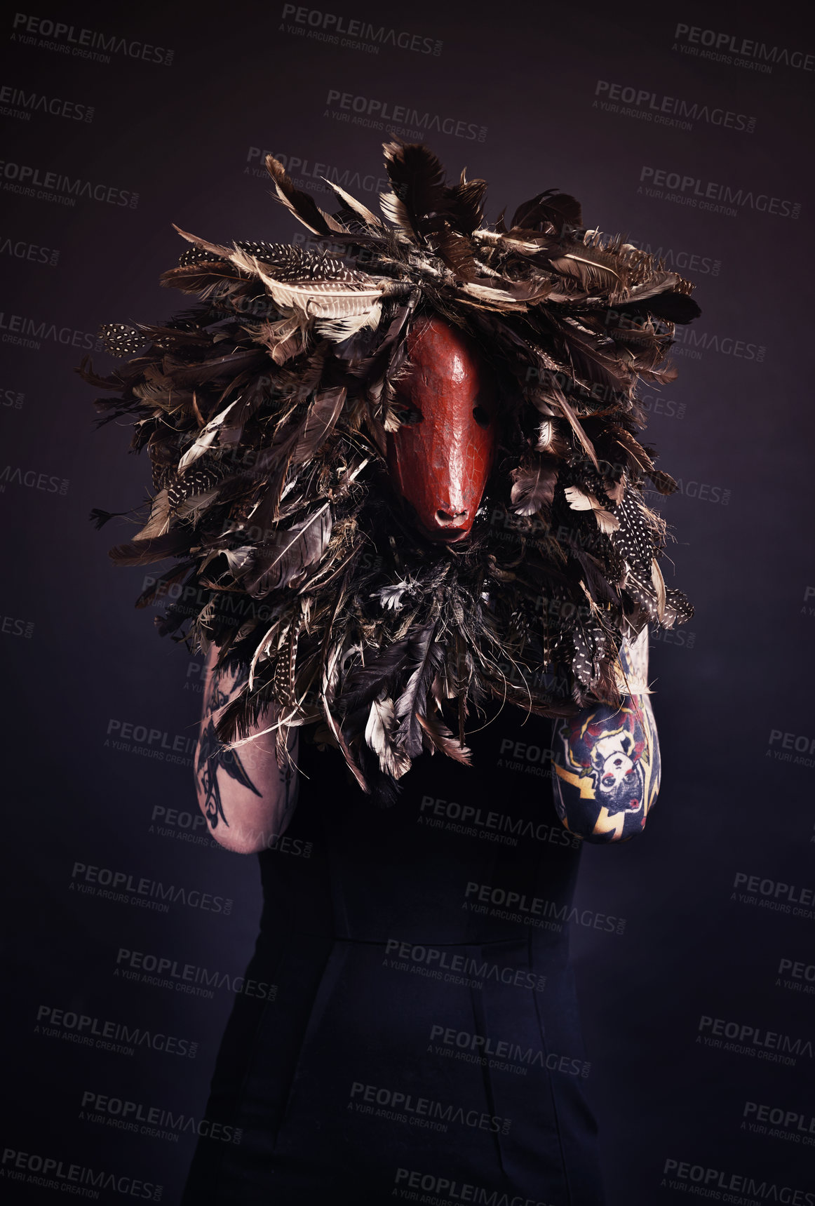 Buy stock photo Halloween, skull and woman with tattoo in studio scary aesthetic, artistic horror or abstract mask on dark background. Surreal, nightmare and bones with leaves for creative, culture or unique person