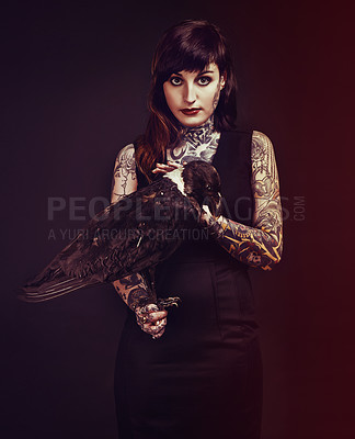 Buy stock photo Bird, tattoo or portrait of woman in studio for fashion or edgy style isolated on black background. Pied crow, dark or cool female punk model with ink for unique art, aesthetic or creative expression