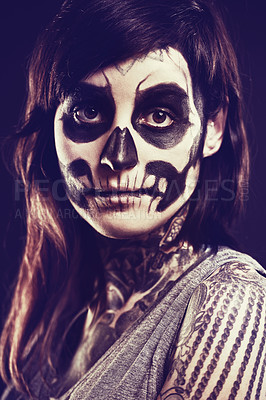 Buy stock photo Skull, makeup and portrait of woman in studio for festival, Halloween and day of the dead. Creative art, costume and person with face paint for horror, scary and gothic aesthetic on black background