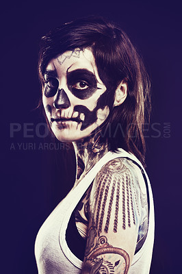 Buy stock photo Skull, makeup and portrait of woman on dark background for festival, Halloween and day of the dead. Creative art, costume and person with face paint for horror, scary and gothic aesthetic in studio