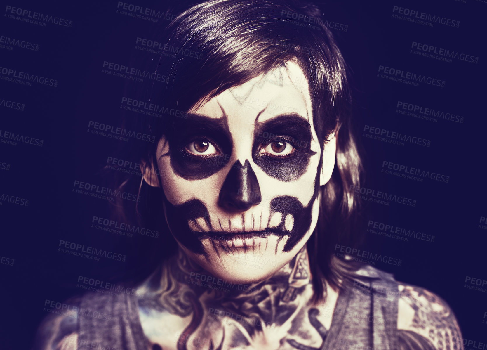 Buy stock photo Skull, makeup and portrait of person on black background for festival, Halloween and day of the dead. Creative art, costume and woman with face paint for horror, scary and gothic aesthetic in studio