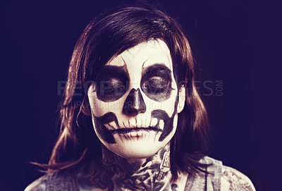 Buy stock photo Skull, makeup and face of woman on black background for festival, Halloween and day of the dead. Creative art, skeleton costume and person with paint for horror, scary and gothic aesthetic in studio