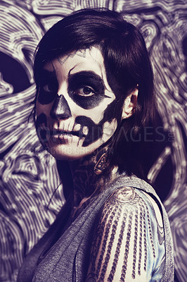 Buy stock photo Skull, mask and portrait of woman on pattern for festival, Halloween and day of the dead. Creative makeup, costume and person with face paint for horror, scary and goth aesthetic in studio background