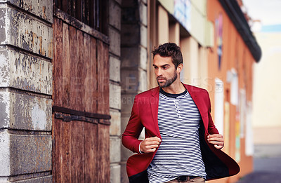 Buy stock photo Man, think and fashion in urban outdoor with outfit for casual or smart  wear on wall for trends and style. Confident, street and city in elegant clothes with blazer in downtown for classy look