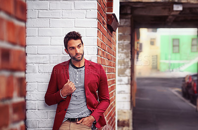 Buy stock photo Man, fashion and confident in city with trendy style, model with pride and cool outdoor. Urban, unique and stylish with designer clothes, edgy and chic with blazer or jacket for casual apparel