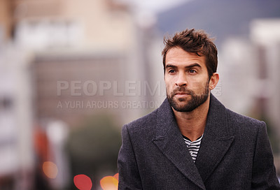 Buy stock photo Outdoors, relax and man with thinking in city for travel, planning and vacation idea in winter. Mockup, serious and male person with vision for holiday journey, commute and tourism in New York