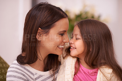 Buy stock photo Living room, mother and daughter with smile for love in home with joy, care and happiness. Apartment, mom and girl in lounge to relax on sofa or couch with hug for bonding with touch in house