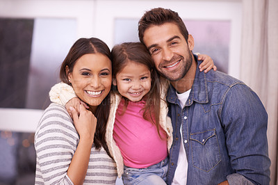 Buy stock photo Portrait, family or smile in home, real estate or mortgage as bonding together outside new property. Papa, mama or girl child to relax, love or happiness with affection in house as caring homeowner 