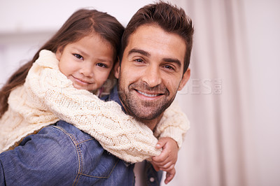 Buy stock photo Happy, portrait and child piggyback on dad in home on holiday or relax with family on vacation. Hug, father and support girl on back with love for fun game, bonding and playing together on weekend