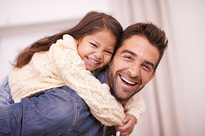 Buy stock photo Happy, portrait and child piggyback on dad in home on holiday or relax with family on vacation. Hug, father and support girl on back with love for funny game, bonding and playing together on weekend
