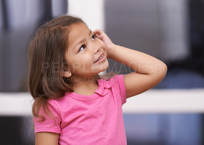 Buy stock photo Smile, thinking and face of girl with ideas for question, solution and wondering with doubt alone. Knowledge, planning or female child in concentration to daydream or imagine or learning in a house