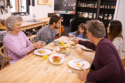 Buy stock photo Breakfast, family home celebration and grandparents with kitchen table and smile with love and weekend break. Parents, food and senior people eating meal together with conversation, joy and nutrition