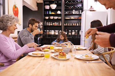 Buy stock photo Breakfast, family home and grandparents with kitchen table and conversation with love and weekend break. Parents, food and senior people eating meal together with joy, social gathering and nutrition