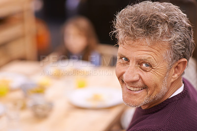 Buy stock photo Senior man, breakfast and portrait in house with table for eating, health and love. Mature father, food and smile in home with family, kitchen table and juice for lunch, nutrition and happiness.