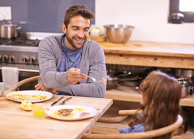 Buy stock photo Dad, girl and laugh in morning with breakfast for routine with quality time, happiness and nutrition. Father, child and together for bonding with food, feeding and homemade with love for healthy diet