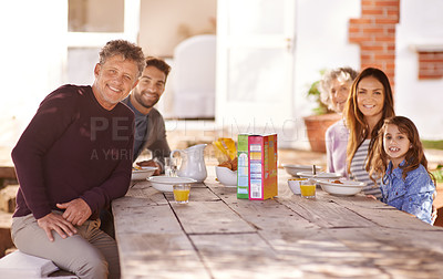 Buy stock photo Happy family, portrait and breakfast in garden of home for nutrition, bonding or relax together with porridge. Parents, grandparents and child with healthy diet or meal at dining table in the morning