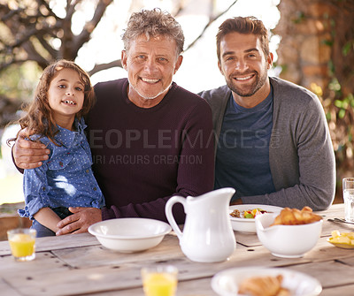 Buy stock photo Outdoor, portrait and father with grandpa of girl, smile and breakfast on table in backyard of house. Home, men and child with happiness for visit to grandparent for holiday, family and love