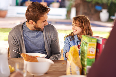 Buy stock photo Dad, girl and breakfast in garden with portrait and smile for fathers day with family, kids and nutrition at home. Man, kid and cereal meal in house backyard with joy, children and happiness
