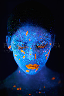 Buy stock photo Face, neon and fluorescent paint for creative, art and glitter with unique surreal glow. Person, science fiction and color with dream, rave and abstract uv illusion for mystical psychedelic trance