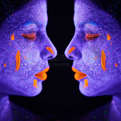 Buy stock photo Mirror shot of a young  woman posing with neon paint on her face