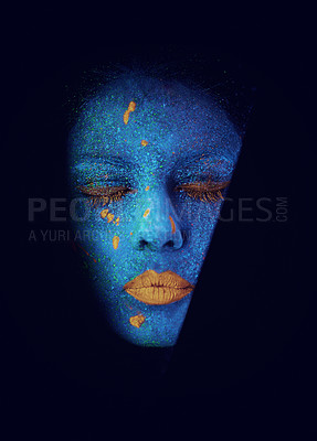 Buy stock photo Face, neon and psychedelic paint for creative, art and glitter with unique surreal glow. Person, science fiction and color with dream, rave and abstract uv illusion for mystical fluorescent trance
