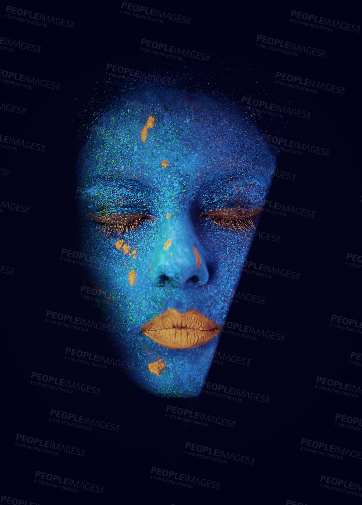 Buy stock photo Face, neon and psychedelic paint for creative, art and glitter with unique surreal glow. Person, science fiction and color with dream, rave and abstract uv illusion for mystical fluorescent trance