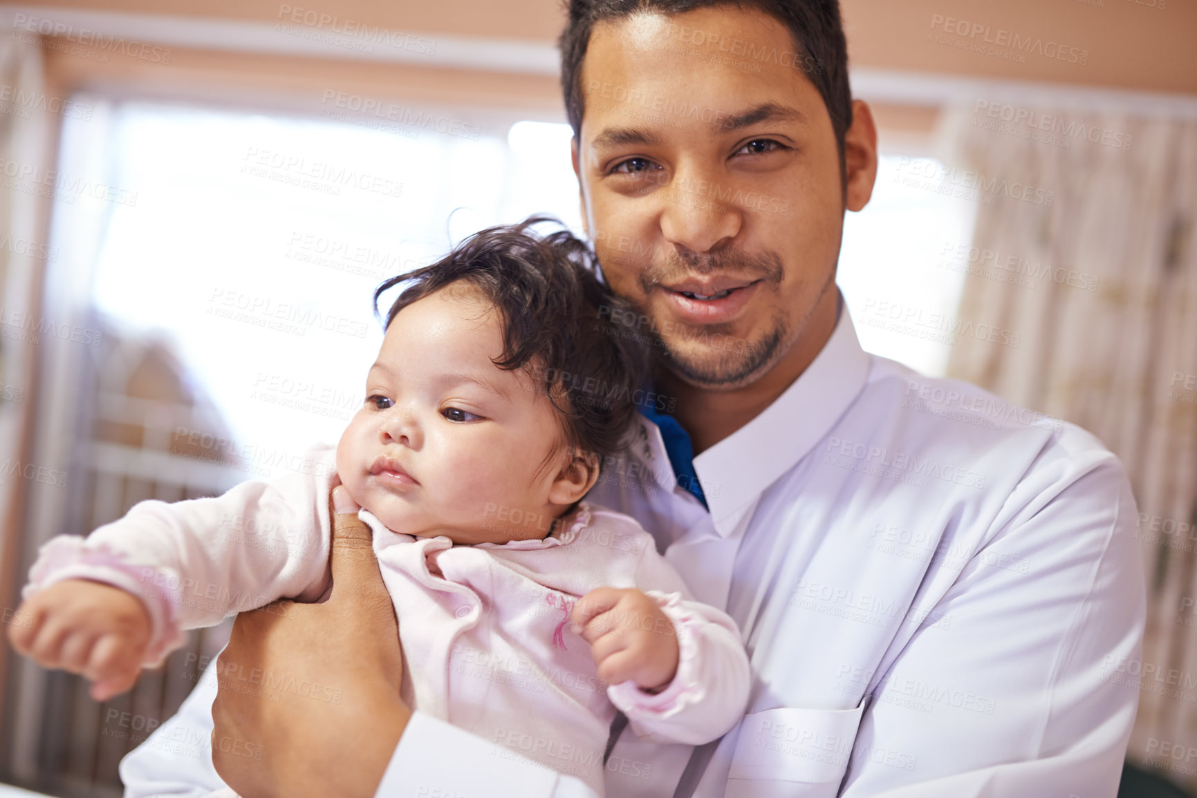 Buy stock photo Portrait, home and father with baby, love and smile with happiness, cheerful and bonding together. Face, Islamic family or dad with infant or growth with joy and tradition with hug or eid celebration