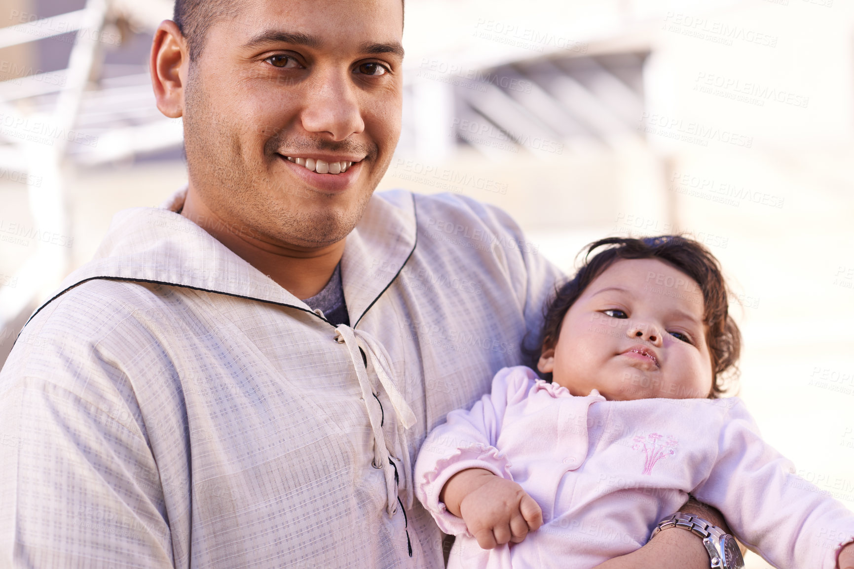 Buy stock photo Dad, newborn and smile with portrait, backyard and family home for growth. Male person, baby and happiness with care, love and support for child development with father, daughter and outdoors