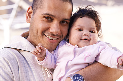 Buy stock photo Love, muslim dad and child in portrait for bonding, relationship and smile together. Islam, happy family and father with newborn infant or baby for childcare, affection and support with happiness
