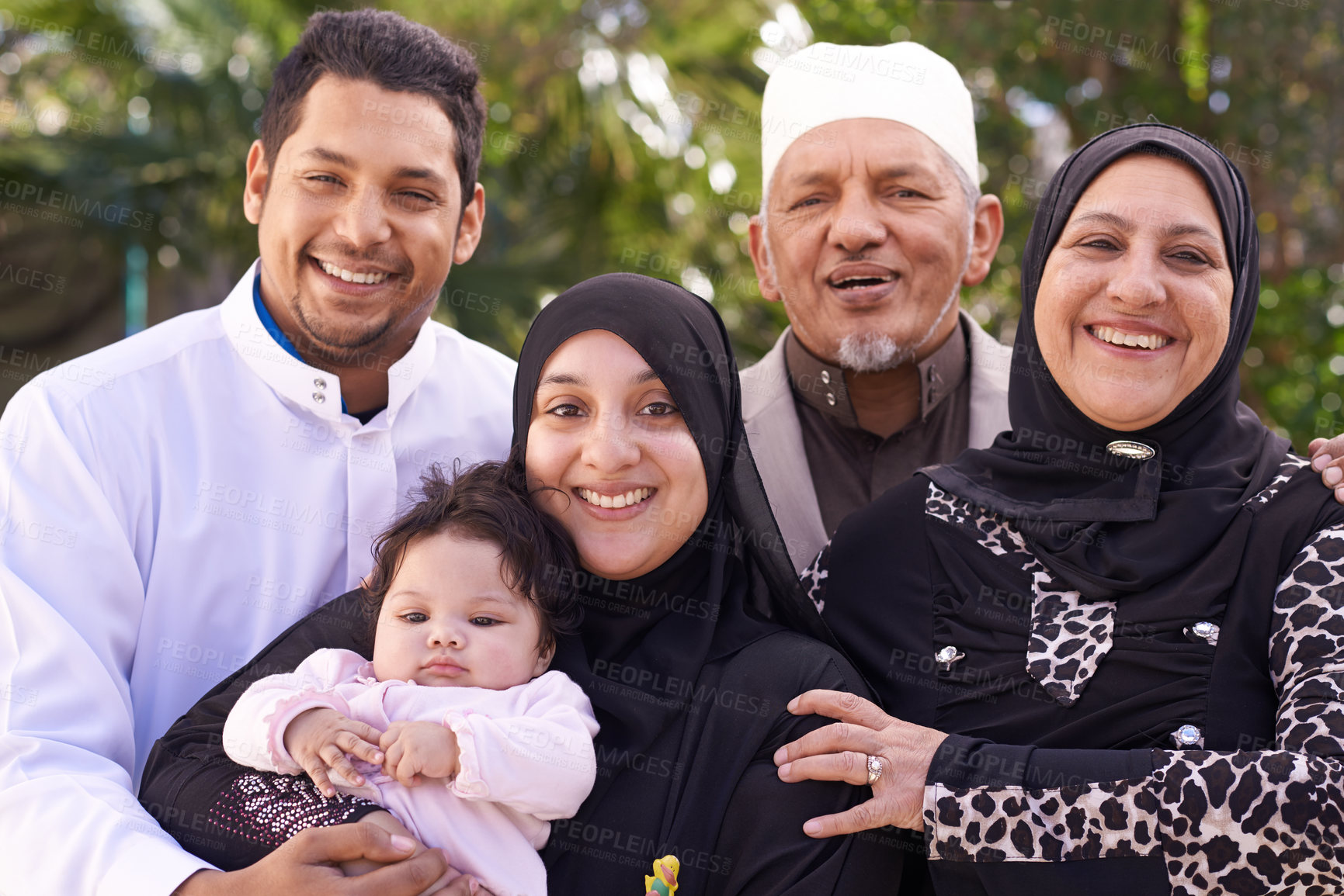 Buy stock photo Park, muslim and portrait of family with child for bonding, ramadan and outdoors together. Islam, happy people and grandparents with newborn infant for love, childcare and support in nature or garden