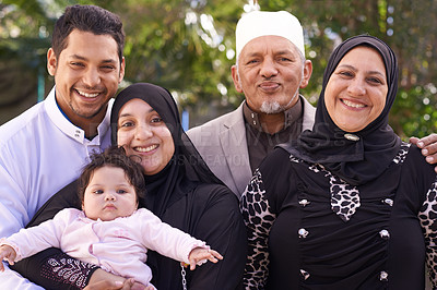 Buy stock photo Islamic, family and man with woman , portrait and outdoor with baby, grandparents and smile in park. Adult, mother and father of child in garden for growth and development of kid or toddler and girl